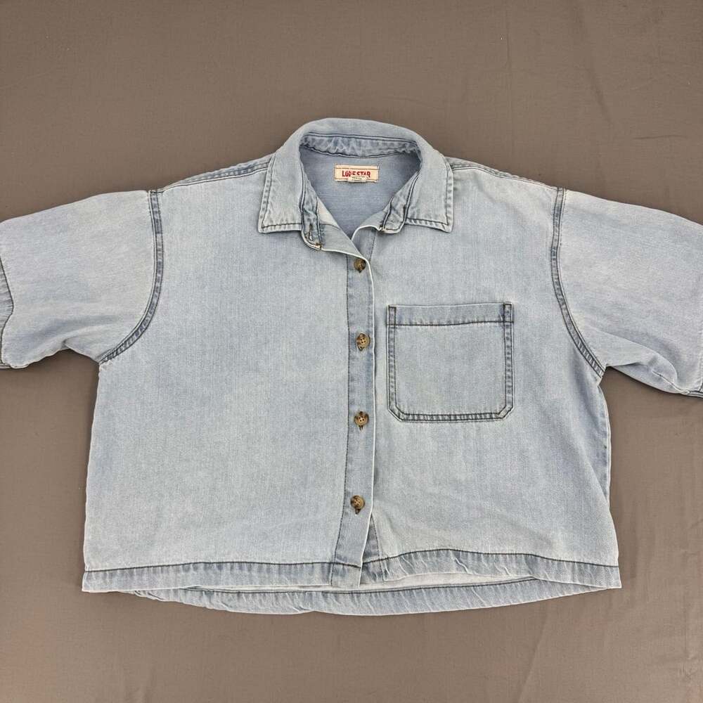 Lone Star Women's Medium Blue Wash Short Sleeve Crop Denim Button-Down Shirt